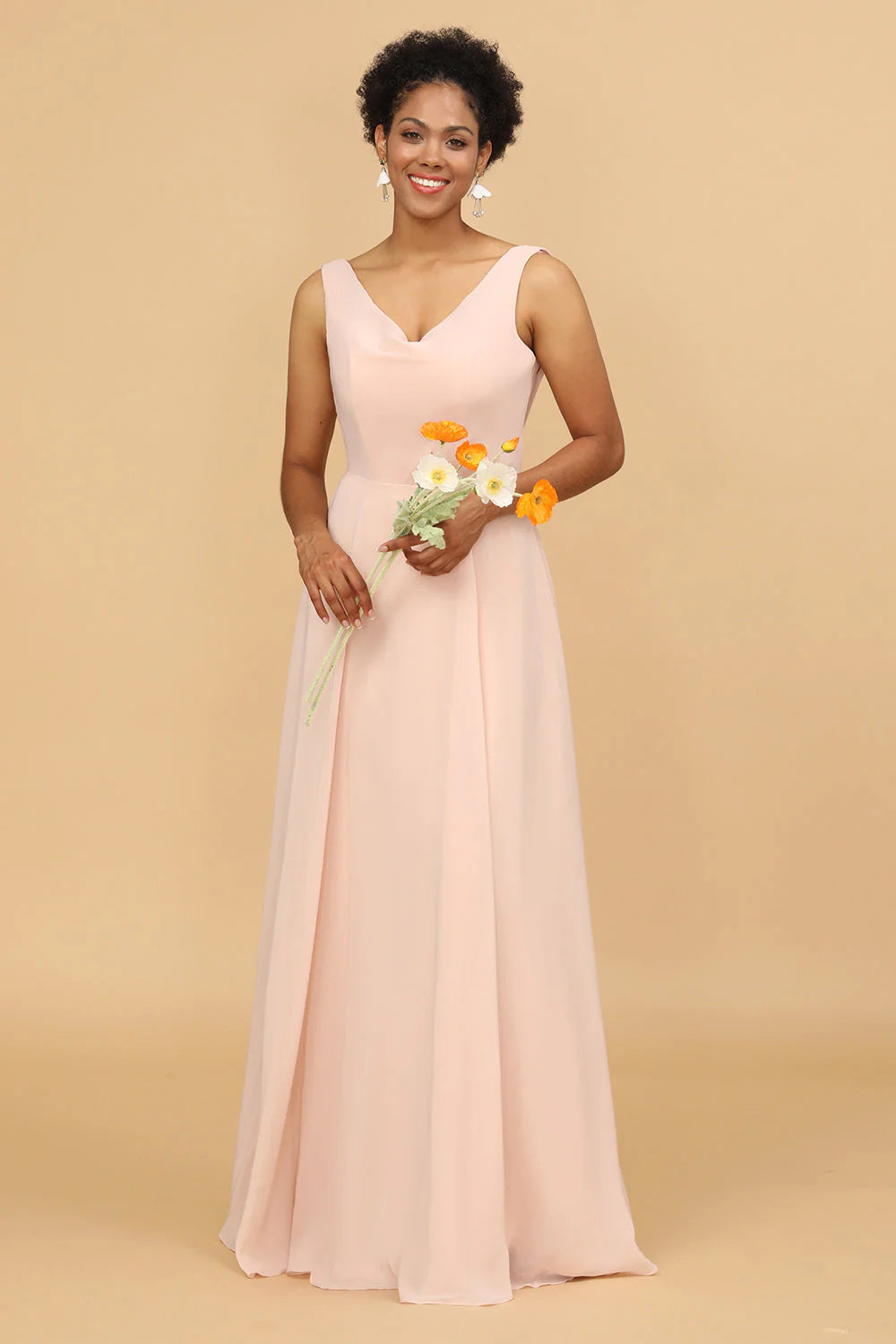 Blush A Line V Neck Chiffon Long Bridesmaid Dress