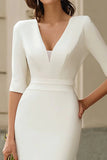 Ivory Pencil V Neck Midi Rehearsal Dinner Dress