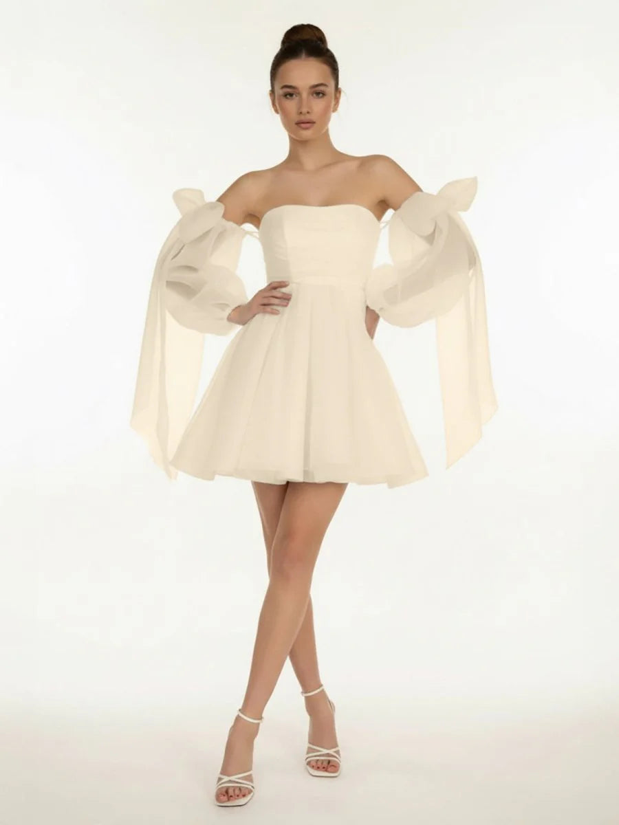 A Line Puff Long Sleeves Short Wedding Dresses With Bows