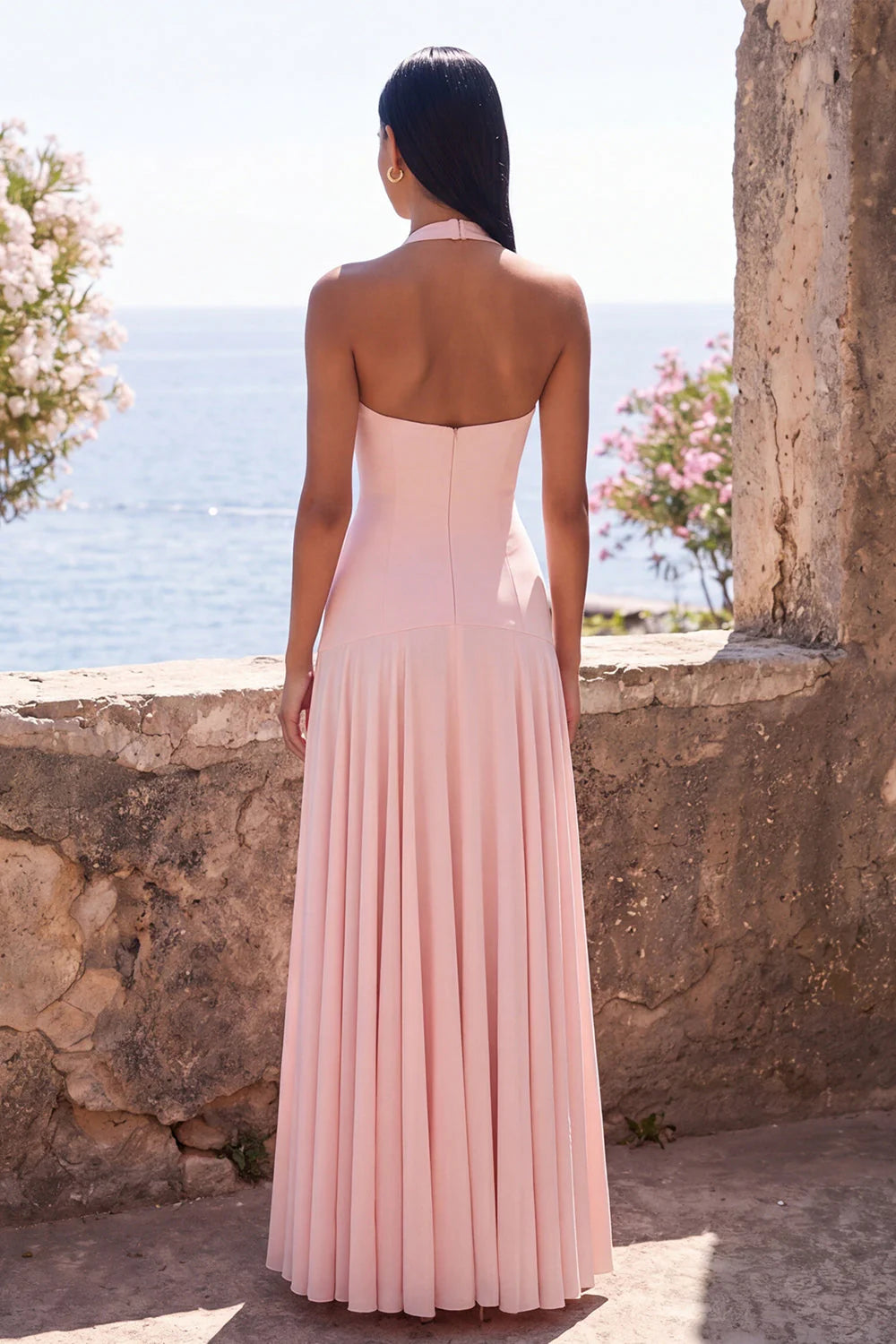 Pink Halter A Line Long Bridesmaid Dress