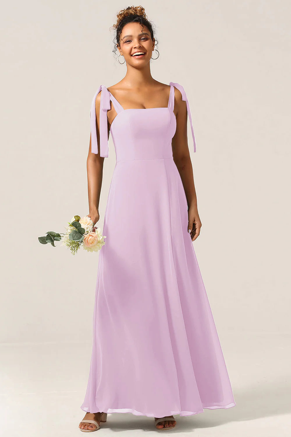 A Line Spaghetti Straps Floor Length Chiffon Bridesmaid Dress with Slit