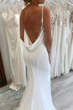 White Spaghetti Straps Long Mermaid Boho Wedding Dress with Lace