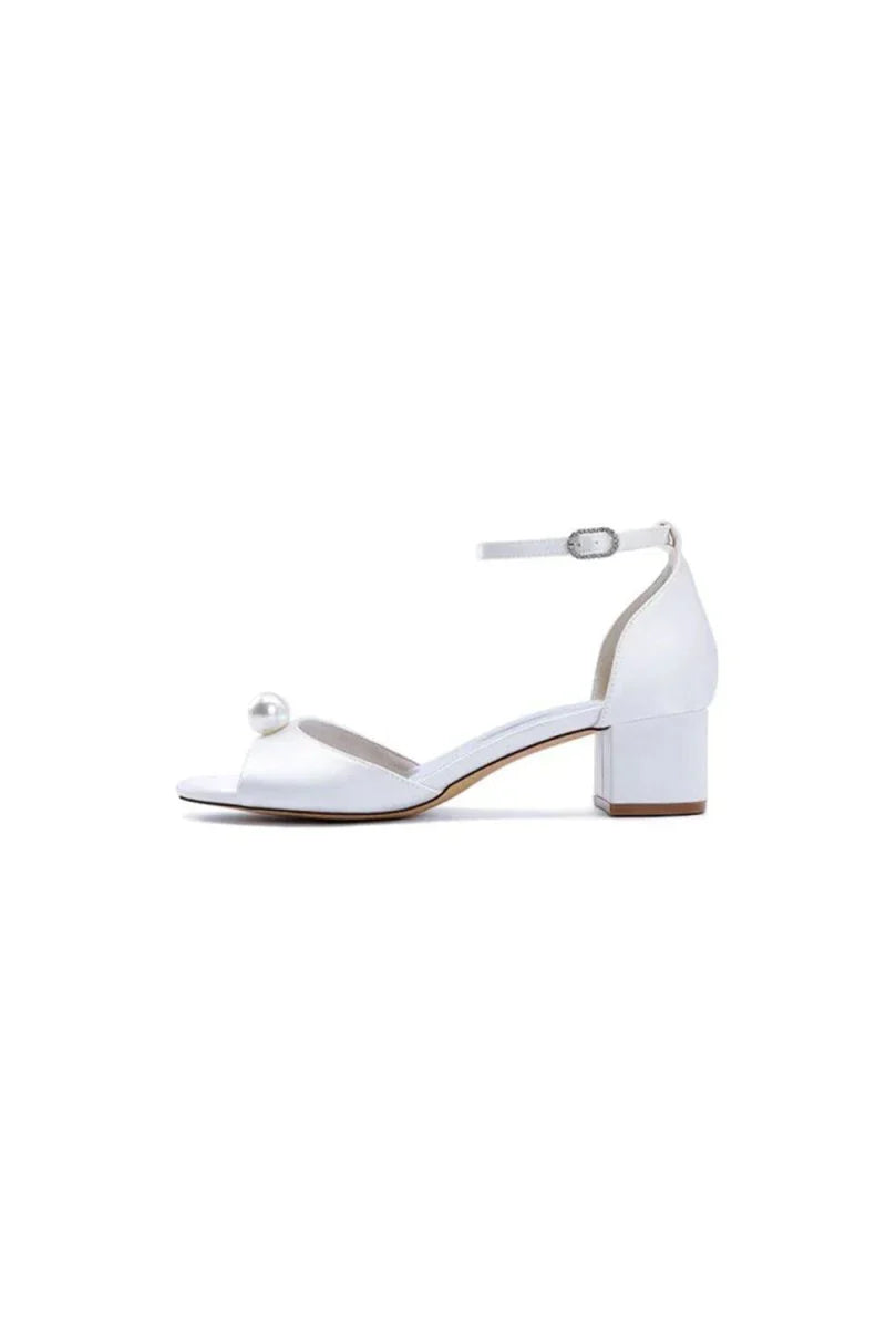 Satin Low Heel Sandals with Pearl Accent and Ankle Strap