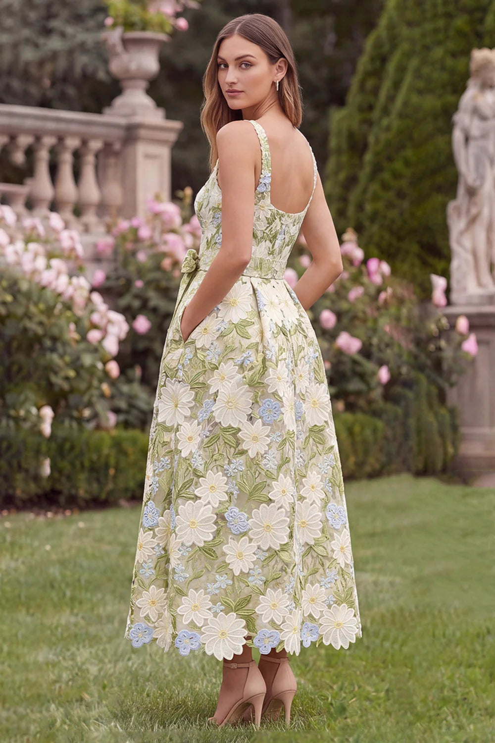 Sage Square Neck A Line Floral Wedding Guest Dress