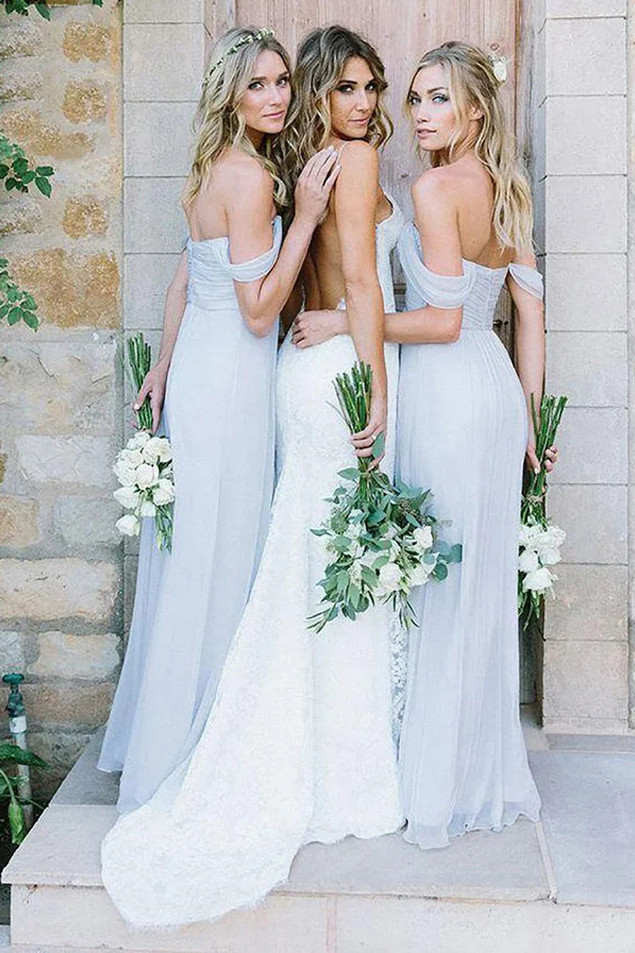 Light Blue A Line Off the Shoulder Long Chiffon Boho Bridesmaid Dress