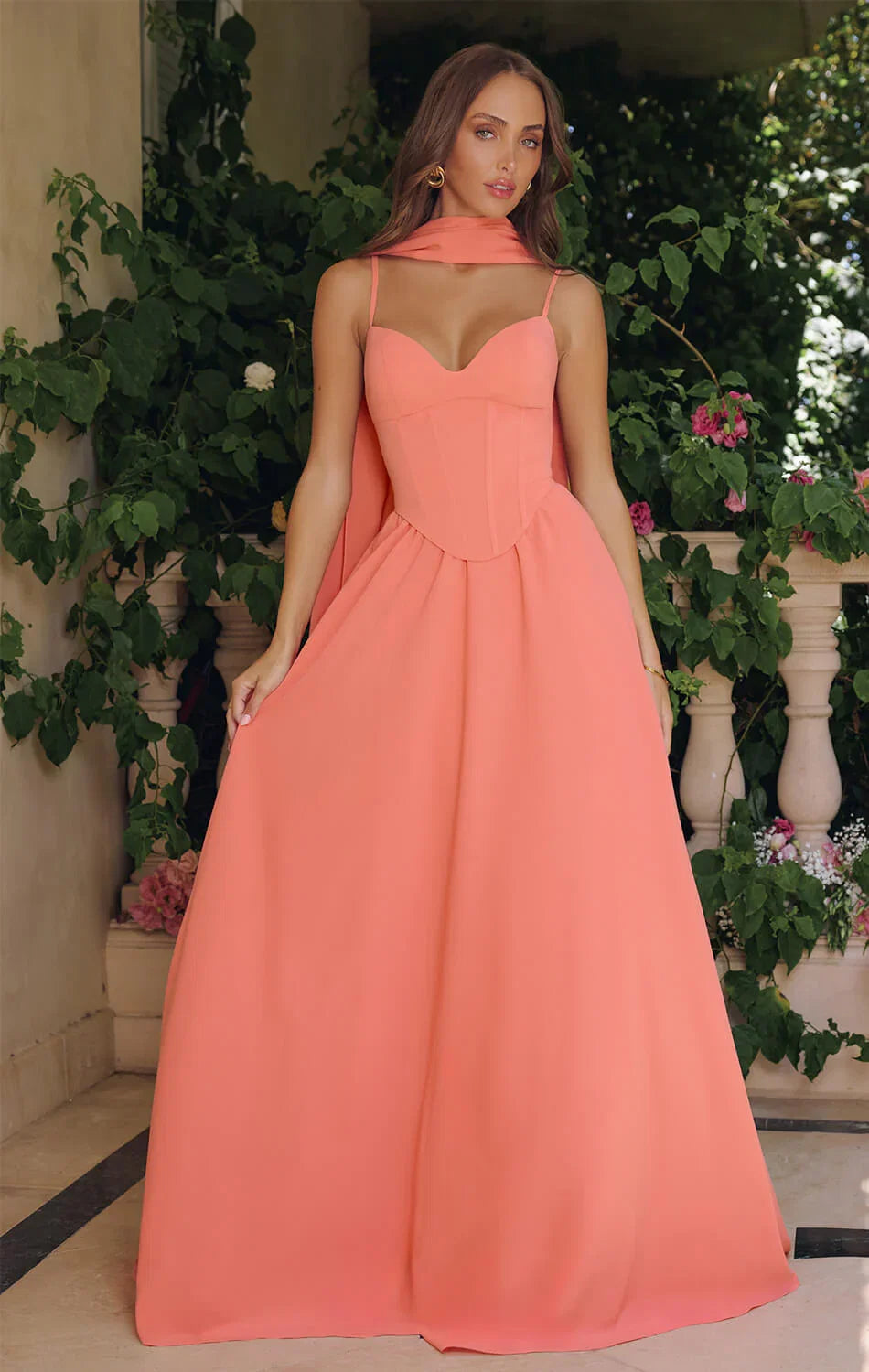 EFFIE GOWN A LINE CHIFFON DRESS WITH SCARF