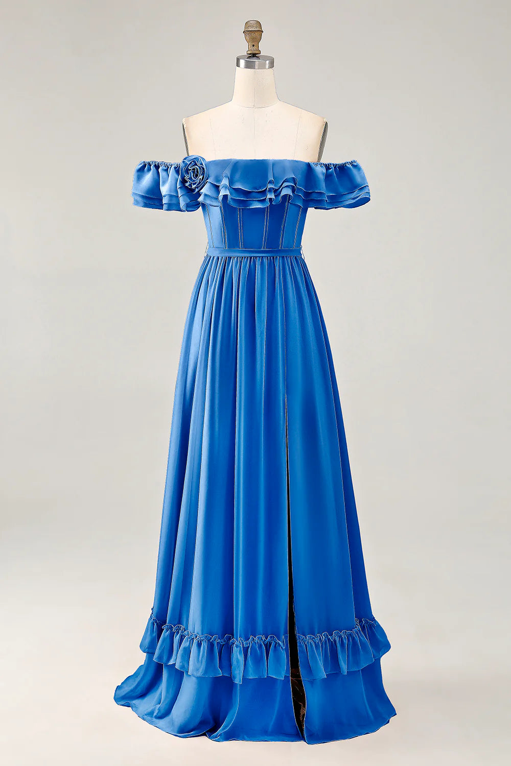 Royal Blue A line Off The Shoulder Chiffon Long Bridesmaid Dress with Slit