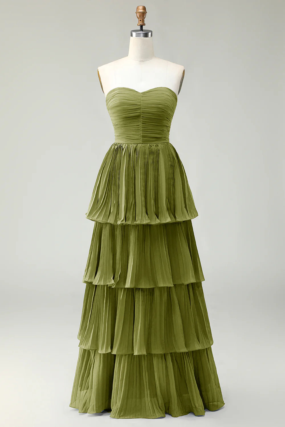 Dusty Blue A Line Strapless Pleated Tiered Long Bridesmaid Dress with Ruffles