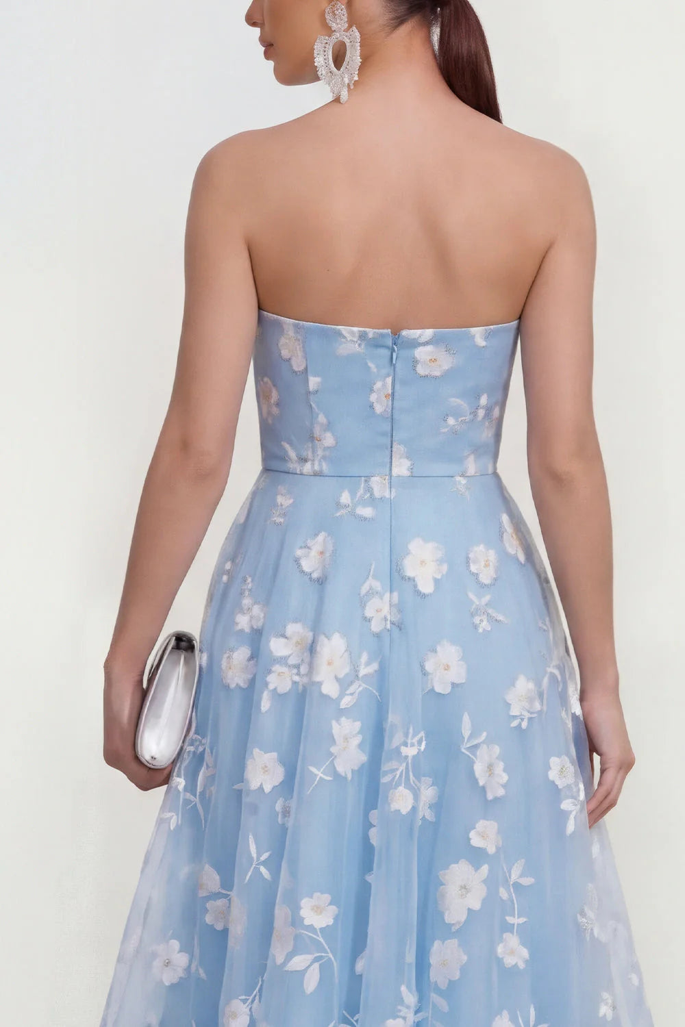 Strapless Floral Blue A Line Wedding Guest Dress