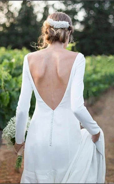 Simple Chiffon Sheath Bateau neck Deep V Back Bridal Gown with Chapel Train