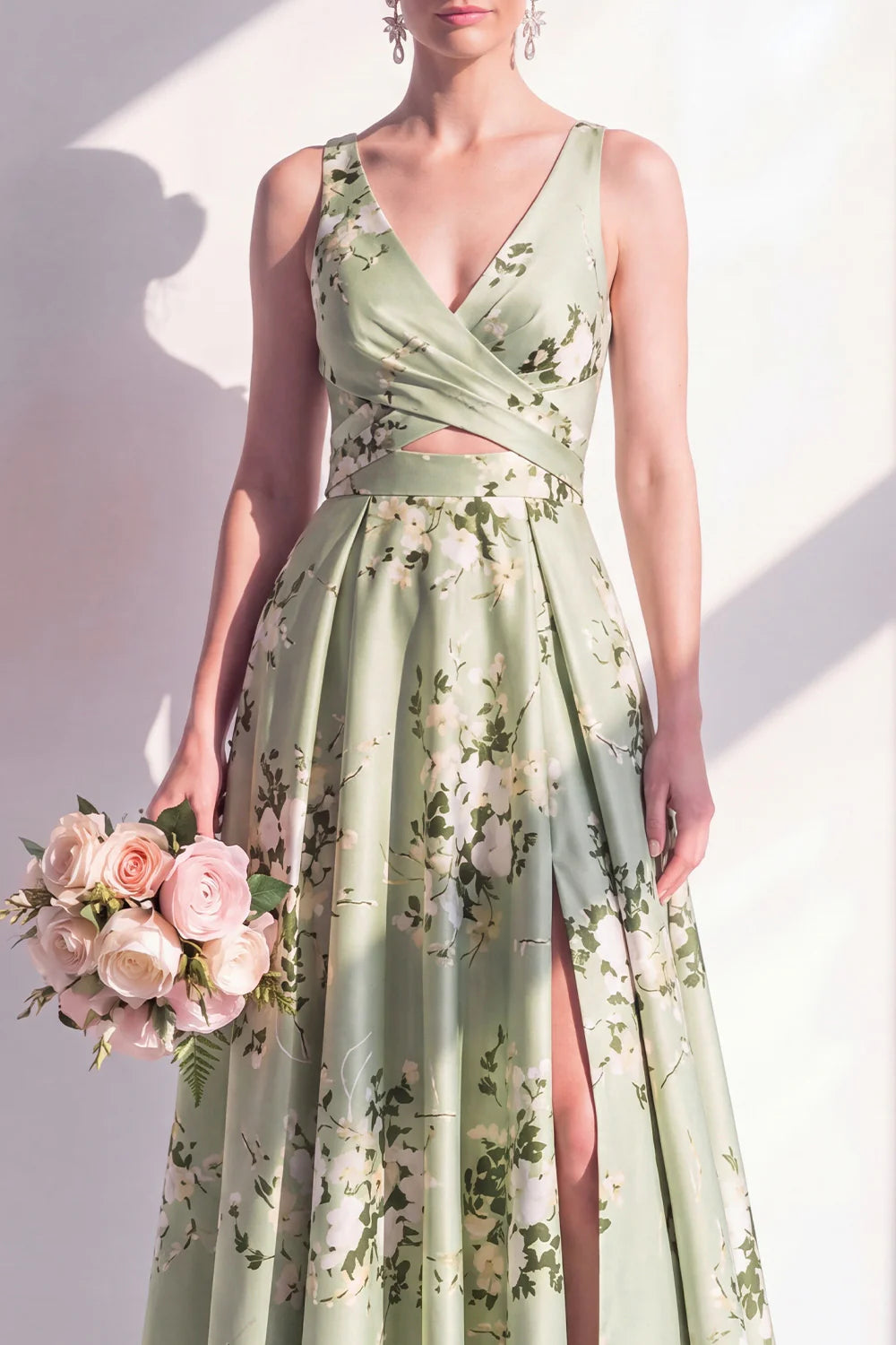 Sage Green A Line Floral Cut Out Bridesmaid Dress with Slit
