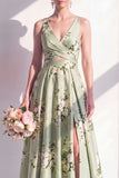 Sage Green A Line Floral Cut Out Bridesmaid Dress with Slit