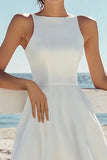 Simple White A Line Scoop Neck Satin Midi Graduation Dress