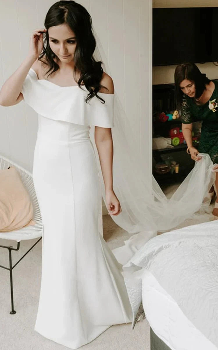 Modern Mermaid Floor length Short Off the shoulder Sleeve Satin Wedding Dress