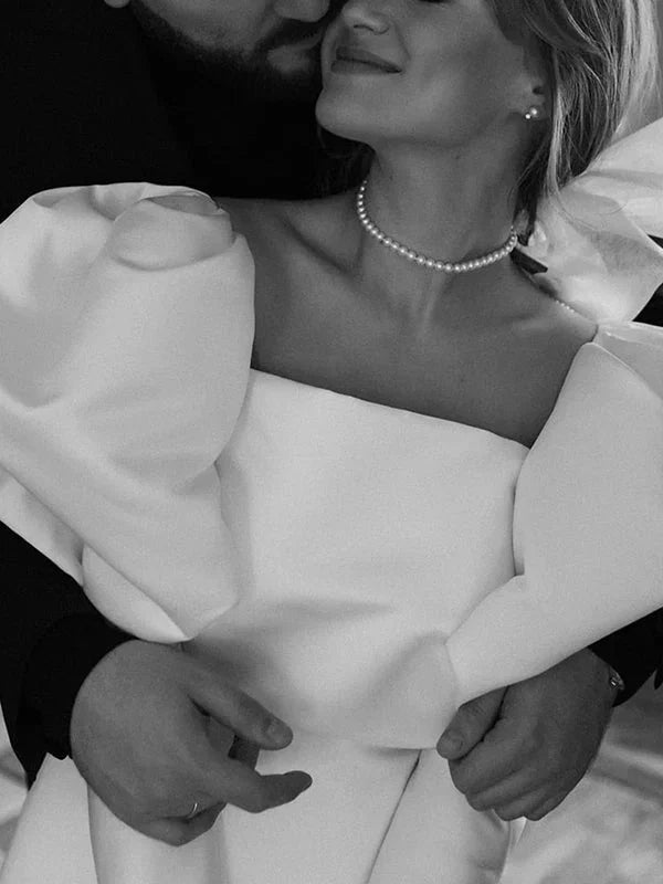 White Satin Short Wedding Dress with Puff Sleeves