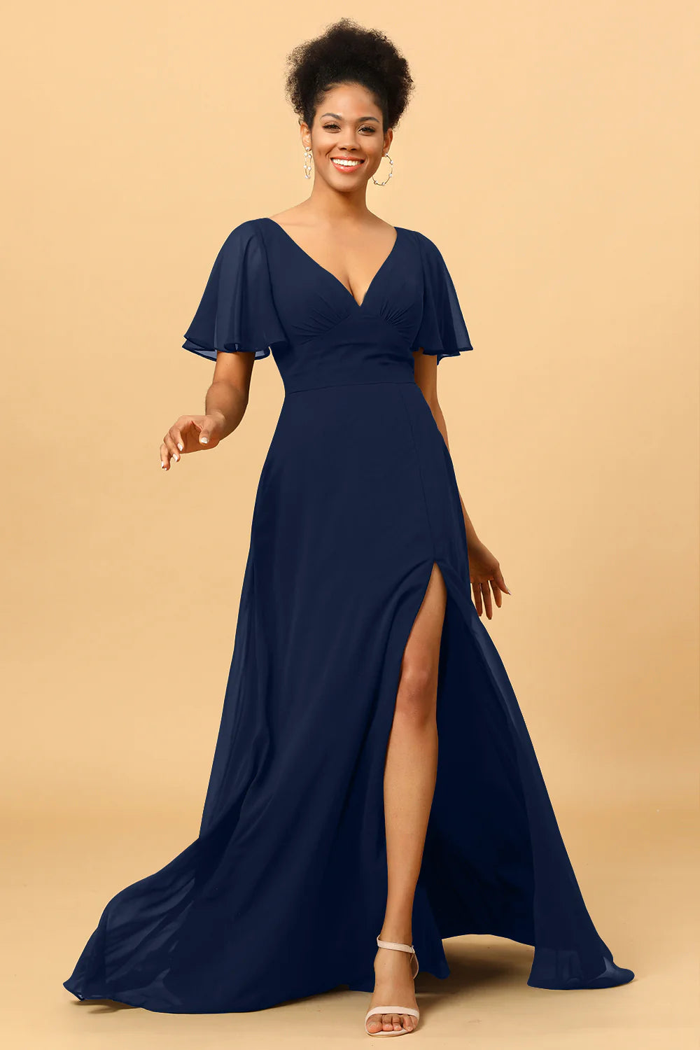A Line V Neck Long Chiffon Bridesmaid Dress with Slit