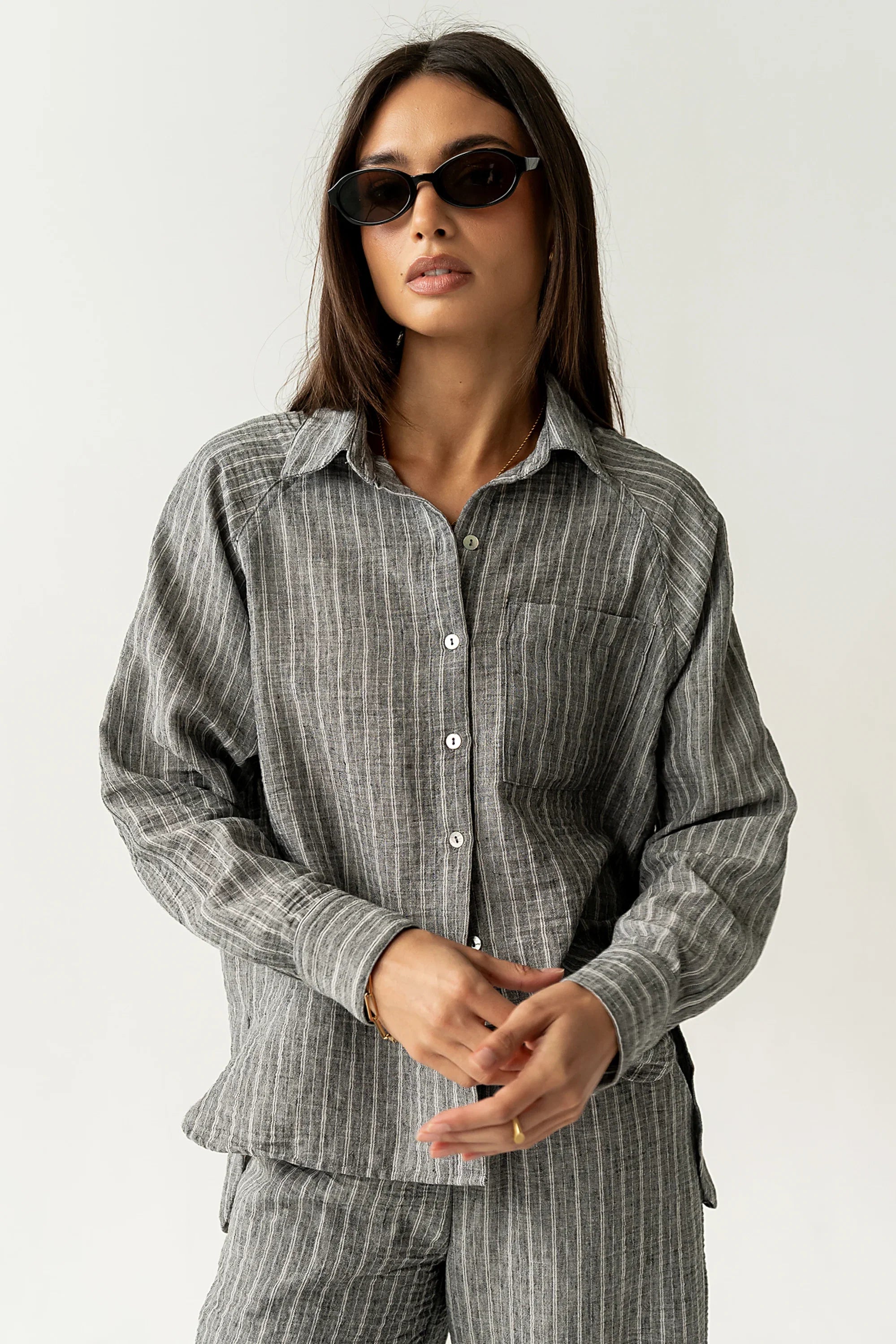 Conner Striped Button Down Top in Black