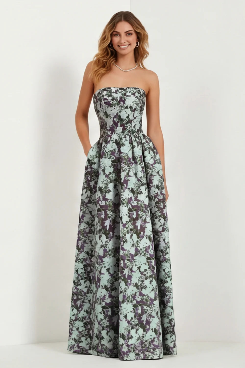 Blue Strapless Print A Line White Floral Long Satin Dress with Pockets
