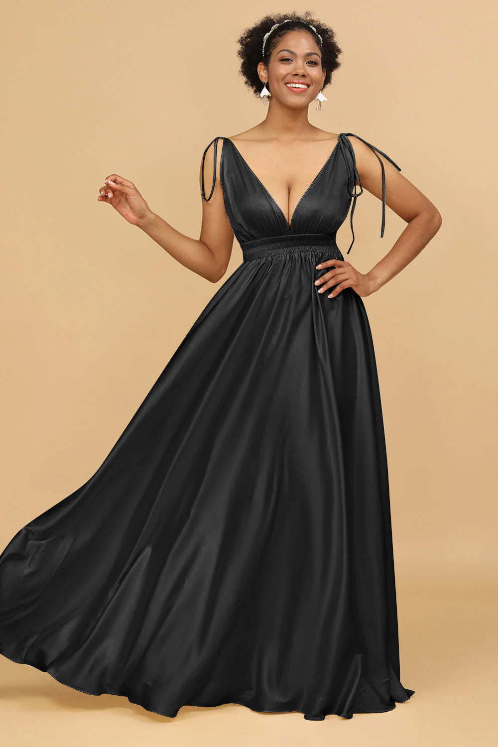 A Line Deep V Neck Backless Floor Length Bridesmaid Dress
