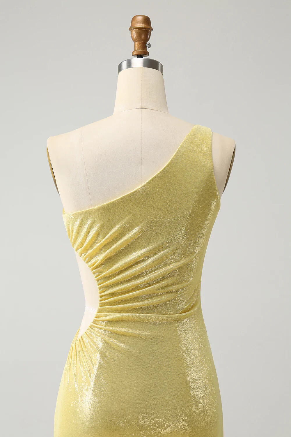 Sparkly Yellow Bodycon One Shoulder Hollow Out Pleated Metallic Homecoming Dress