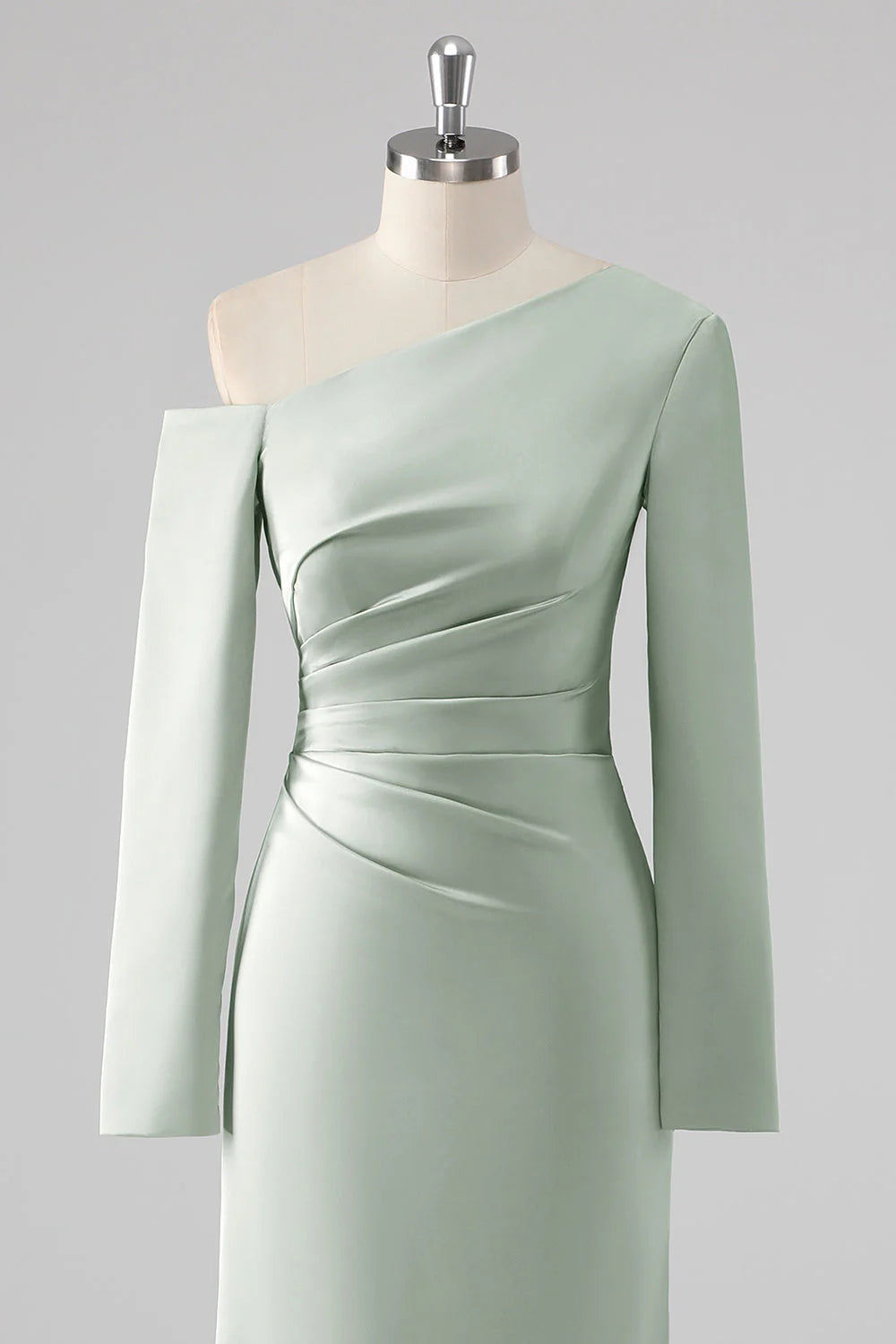 Sage Sheath One Shoulder Satin Long Bridesmaid Dress with Long Sleeves