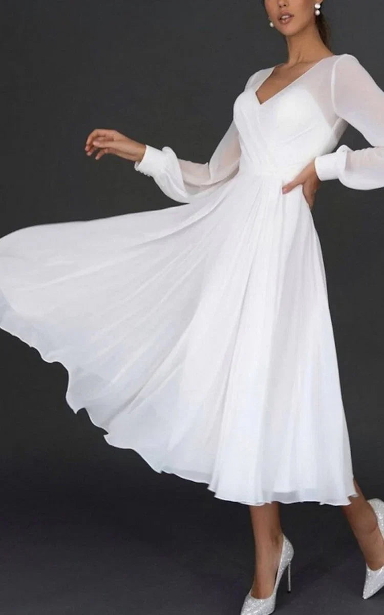 A Line V neck Chiffon Long Sleeves Zipper Wedding Dress