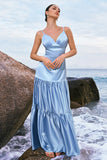 Sky Blue A Line Spaghetti Straps Satin Long Bridesmaid Dress with Ruffles