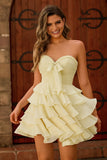 Light Yellow Strapless Tiered A Line Short Homecoming Dress
