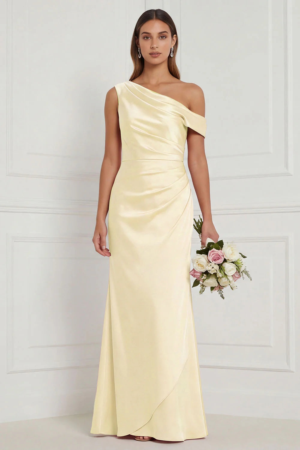 Burnt Orange Asymmetrical Neck Mermaid Ruched Satin Bridesmaid Dress
