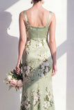 Sage Green Floral Mermaid Square Neck Bridesmaid Dress