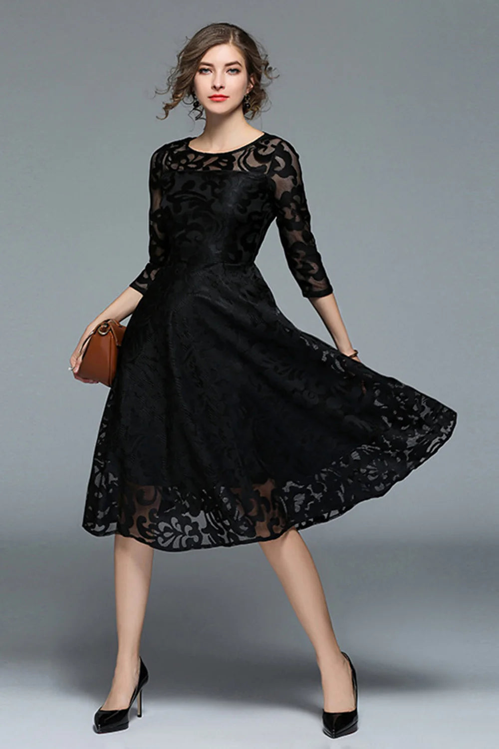 Peacock A Line Round Neck Midi Mother Of The Bride Dress with Half Sleeves