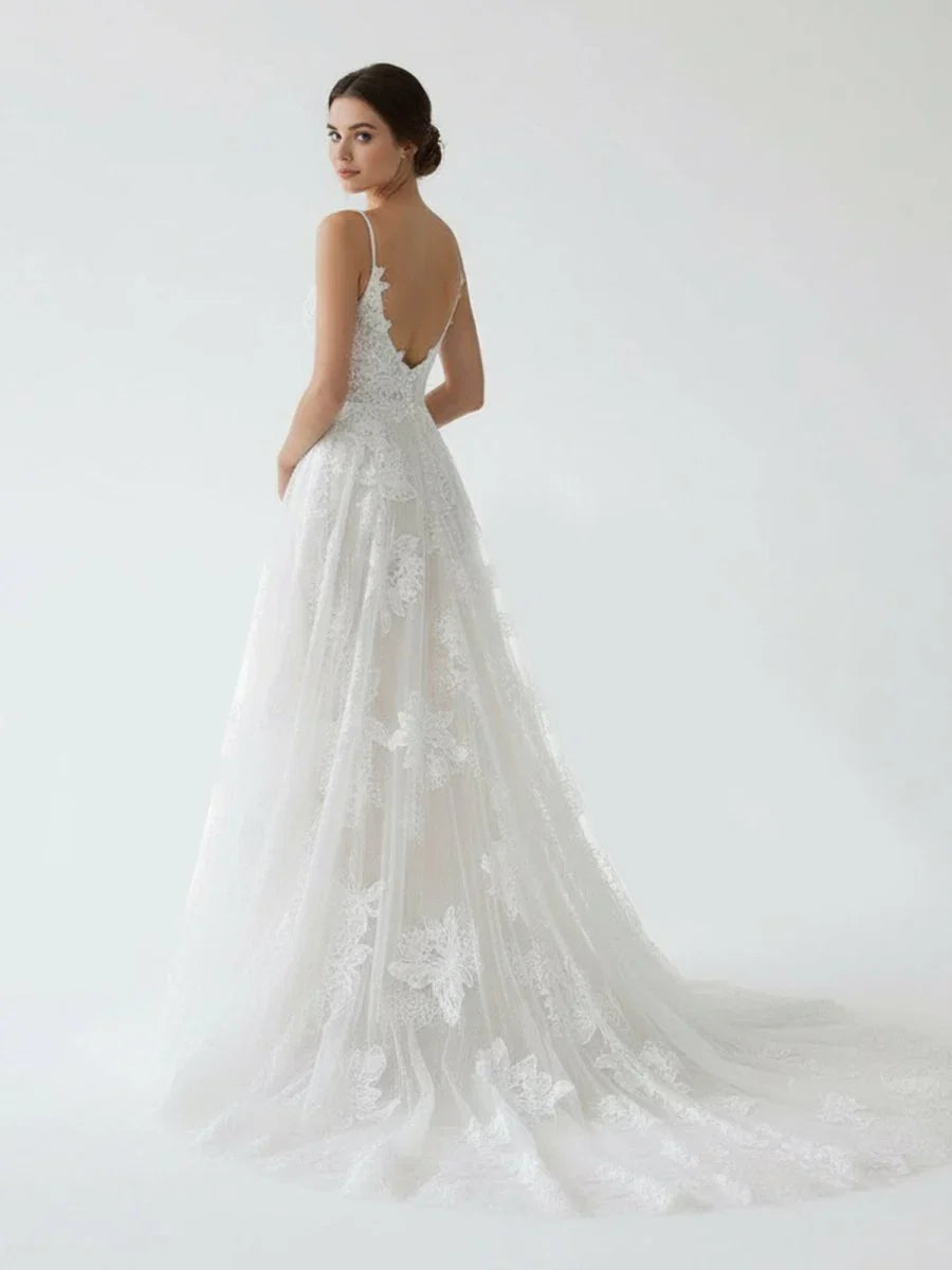 Boho White A Line Lace Appliques Wedding Dress