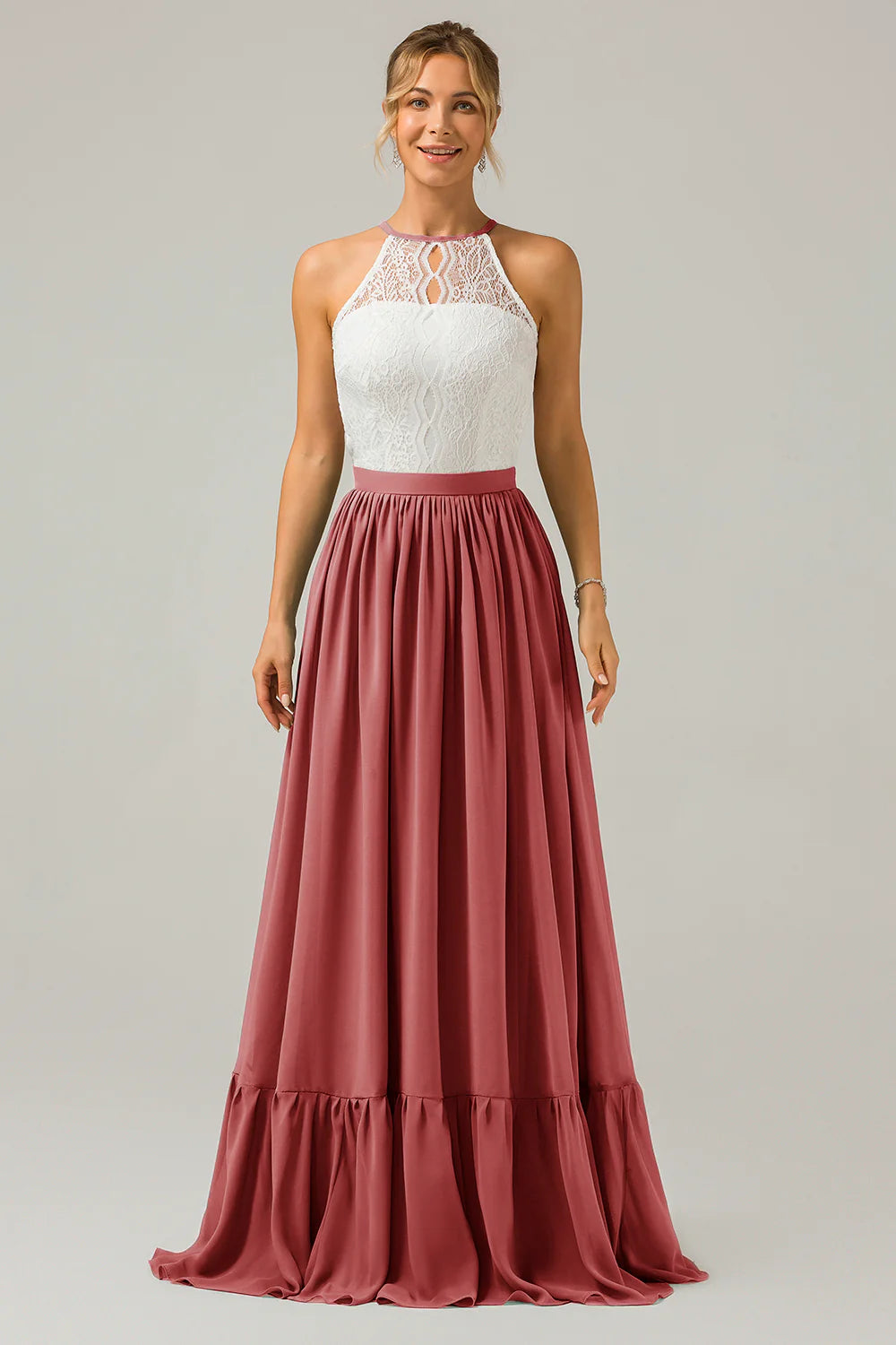 A Line Halter Pleated Keyhole Chiffon Bridesmaid Dress With Lace