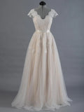 Cap Sleeve V Neck Lace Tulle Wedding Dress With Zipper Back