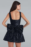 Sparkly Black A Line Square Neck Homecoming Dress with Bow