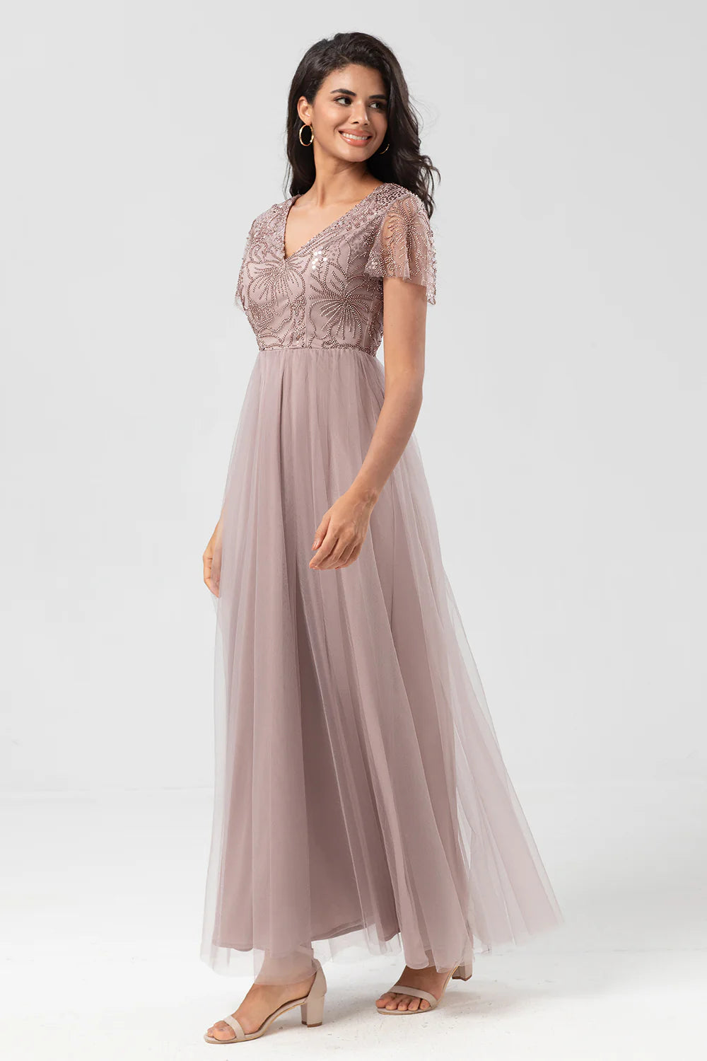 A Line V Neck Embroidered Tulle Dusty Pink Bridesmaid Dress with Beading