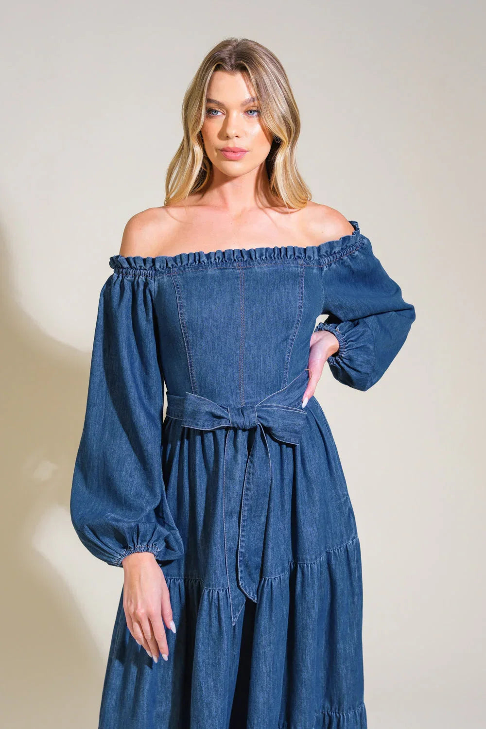 ARTISTIC IMPULSE LONG SLEEVE OFF THE SHOULDER DENIM MIDI DRESS