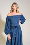 ARTISTIC IMPULSE LONG SLEEVE OFF THE SHOULDER DENIM MIDI DRESS