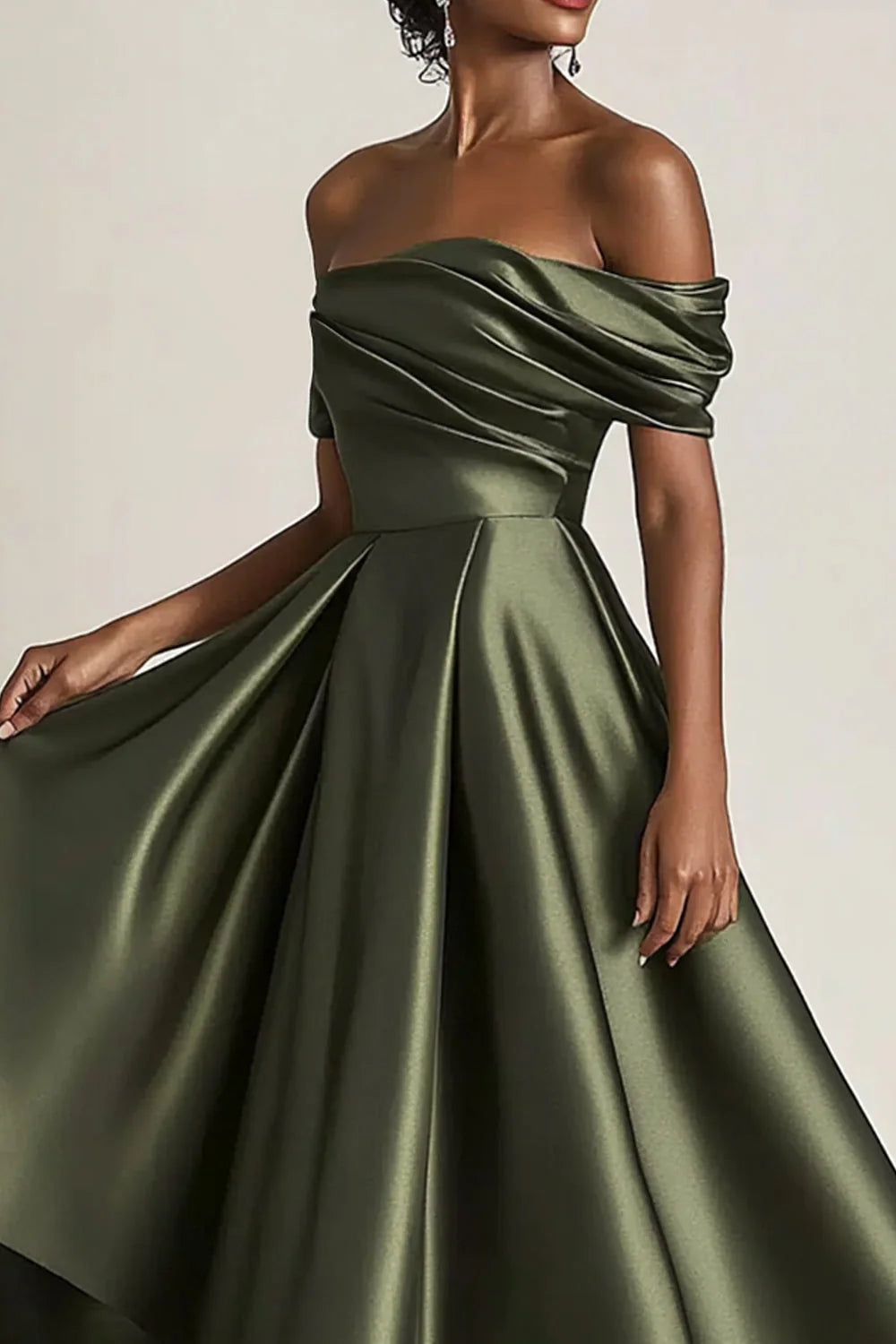 Olive A Line Off the Shoulder Ruched Satin Long Mother of the Bride Dress