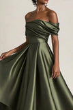Olive A Line Off the Shoulder Ruched Satin Long Mother of the Bride Dress