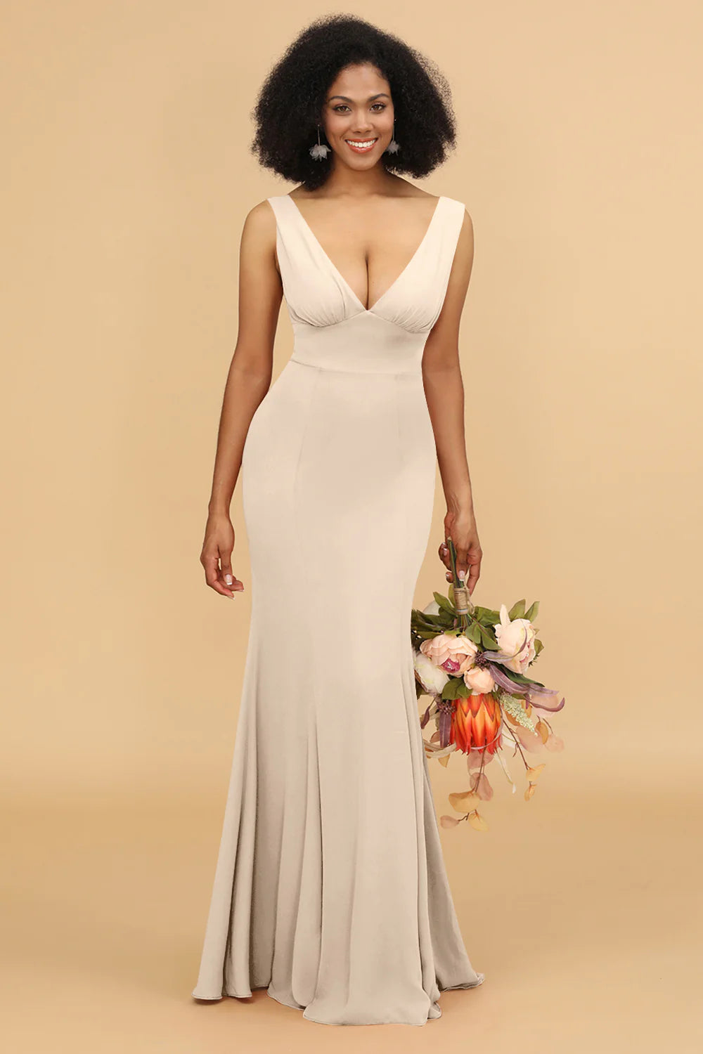 Mermaid V neck Open Back Long Chiffon Bridesmaid Dress With Ruffles