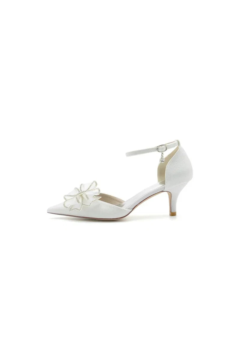 Ankle Strap Pointed Toe Glitter Crystal Wedding Shoes with Bow