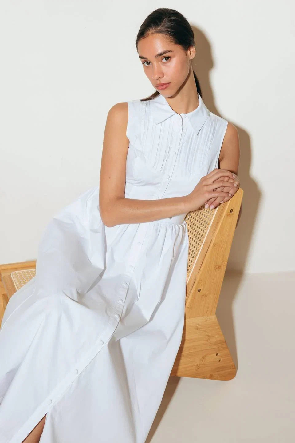 NORTH EAST MIDI White Cotton Pintuck Midi Shirt Dress