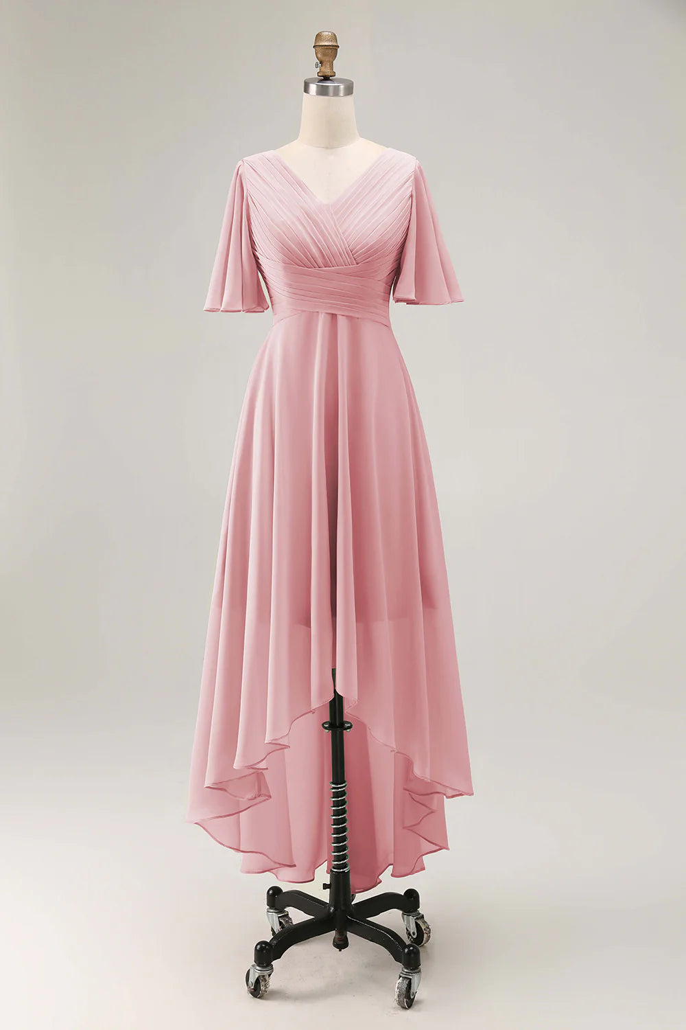 Sage Green A Line Chiffon Pleated High Low Bridesmaid Dress with Short Sleeves