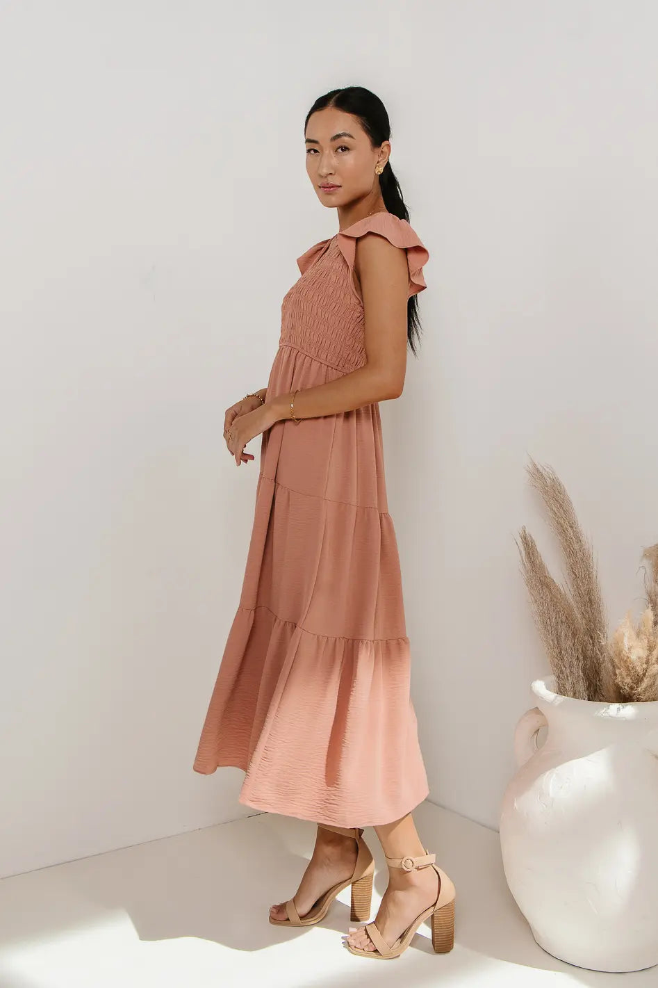 Rain Smocked Midi Dress in Peach FINAL SALE