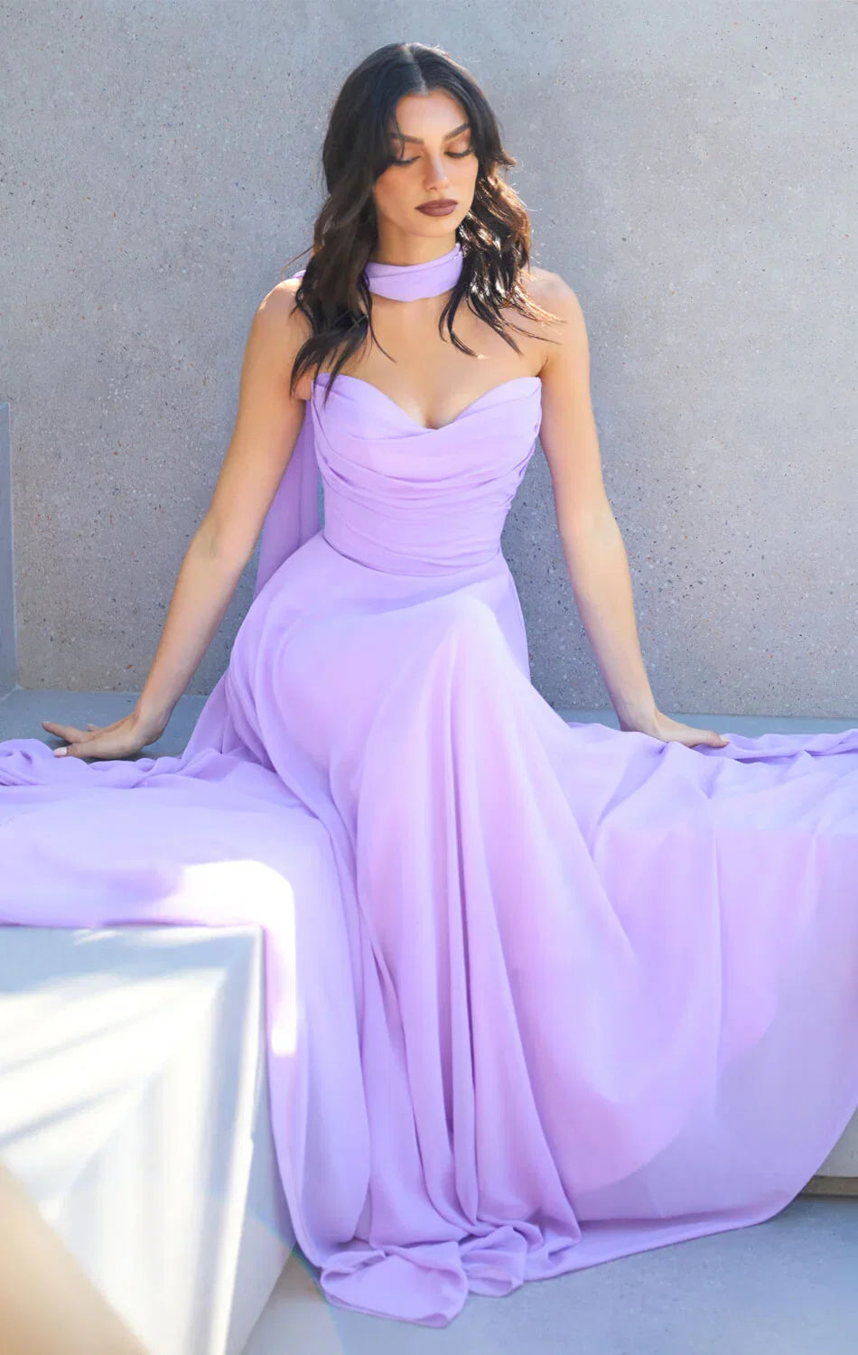 Ella Gown A line Strapless Chiffon Dress With Scarf