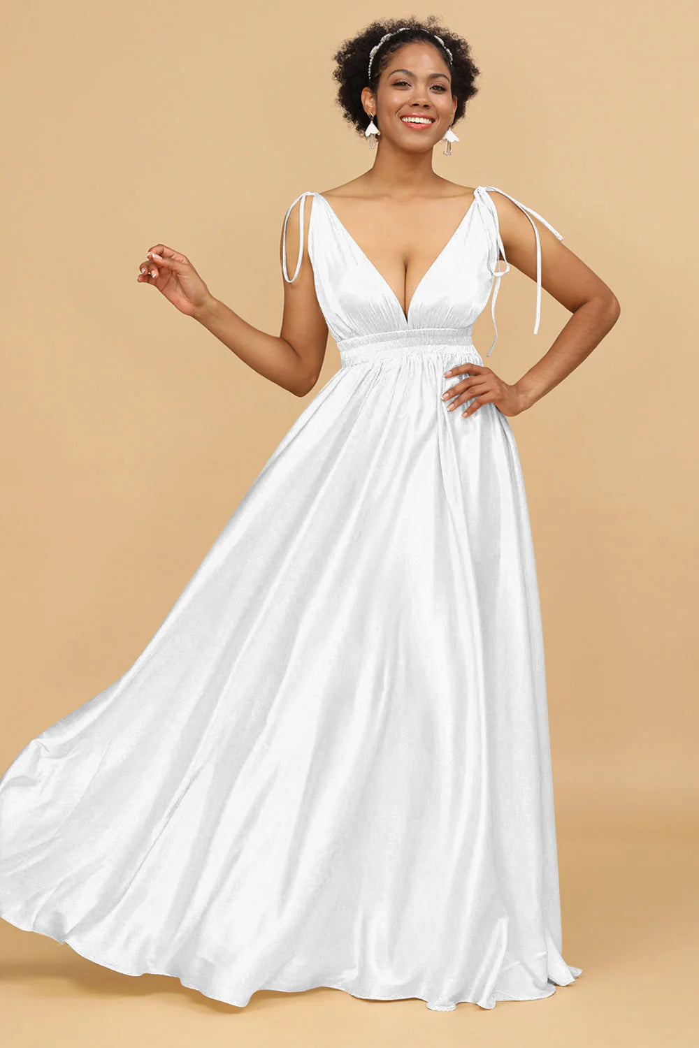 A Line Deep V Neck Backless Floor Length Bridesmaid Dress
