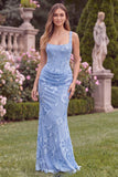 Lilac Floral Square Neck Mermaid Wedding Guest Dress with Scarf