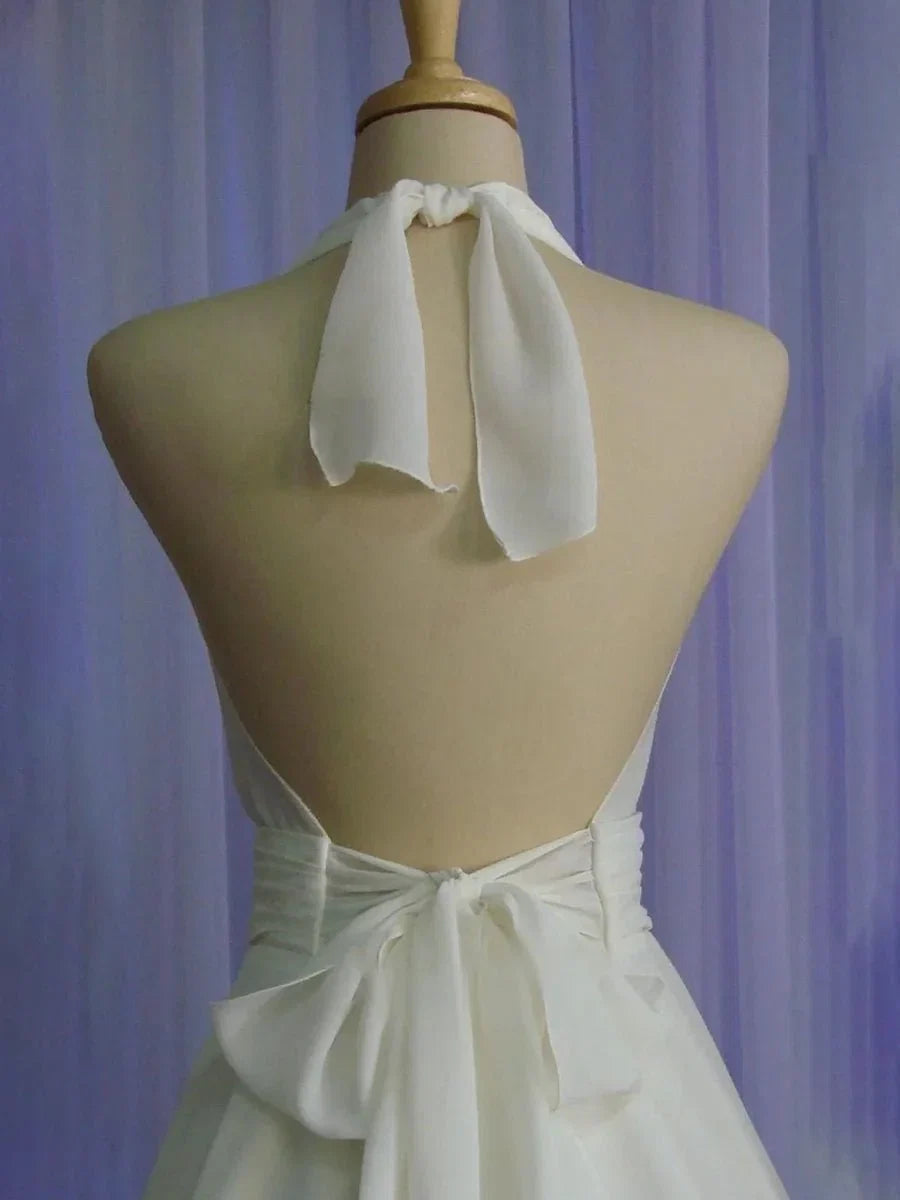 Vintage Tea Length Chiffon Wedding Dress With Halter Neck and Bow