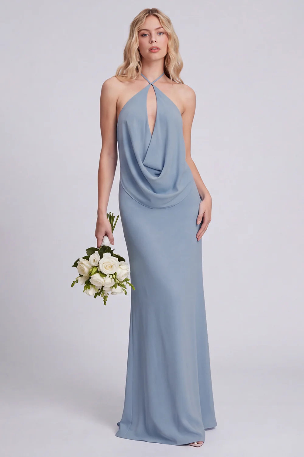 Light Blue Halter Backless Mermaid Bridesmaid Dress